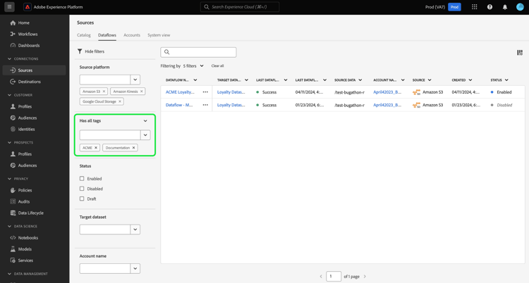 A query to filter dataflows by all tags.