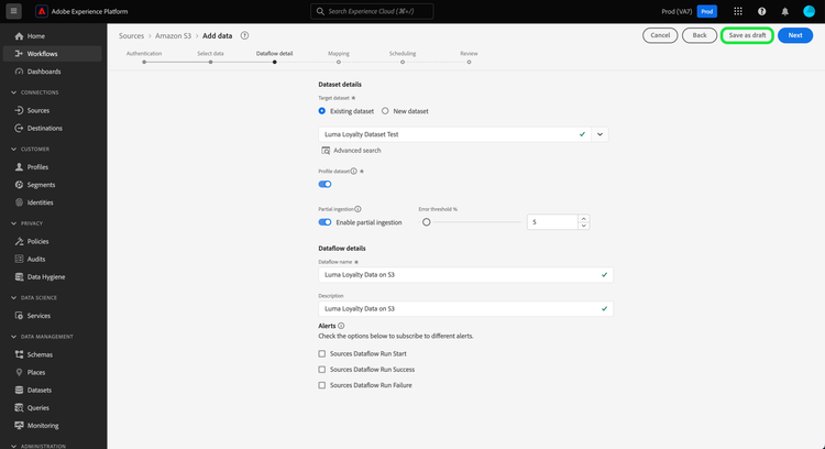 The dataflow detail step of the sources workflow with save as draft selected.