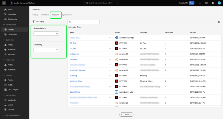 The accounts page in the sources workspace
