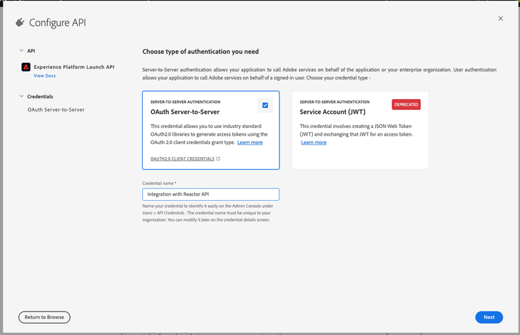 Select OAuth Server-to-Server authentication method.