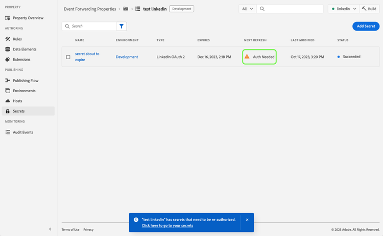 The Secret tab highlighting Auth Neededfor the LinkedIn secret.