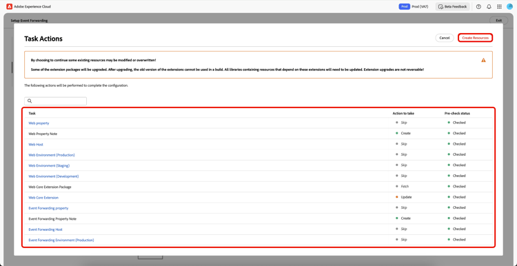Task Actions showing a list of tasks and actions to be taken highlighting those that will be skipped