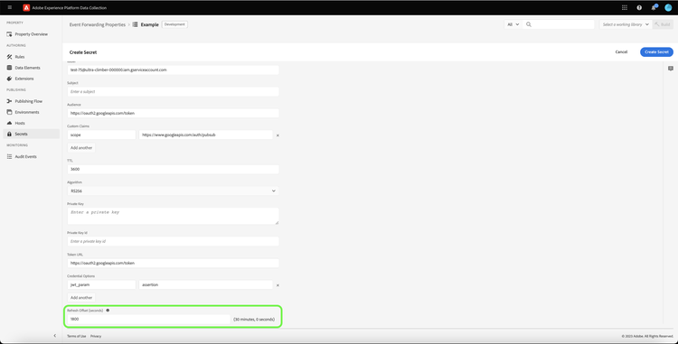 The Create Secret tab highlighting the Refresh Offset field.