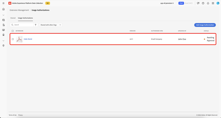 The Usage Authorizations tab showing a list of extensions shared with other orgs, highlighting the new authorization