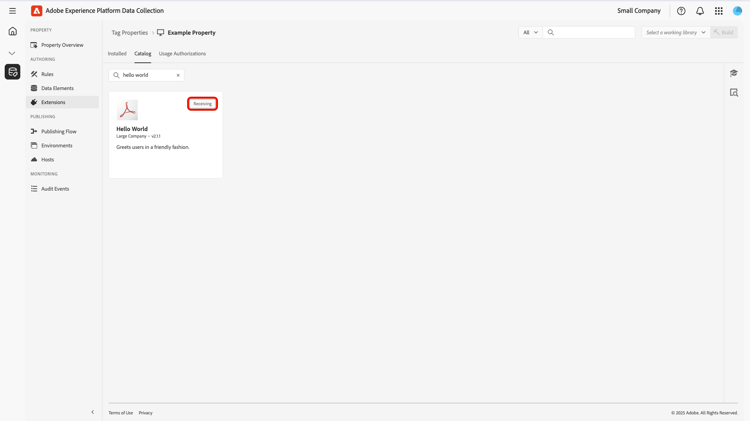 The Catalog tab showing the shared extension with the "Receiving" badge