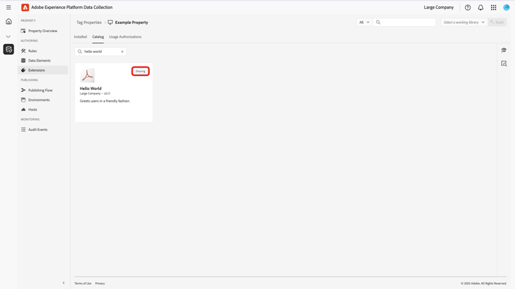 The Catalog tab showing the shared extension with the badge