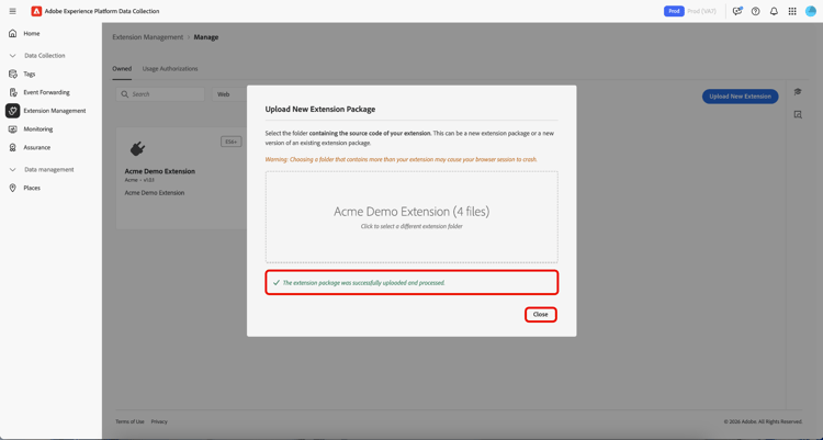 Confirmation of extension uploaded highlighting Package ID and Close.