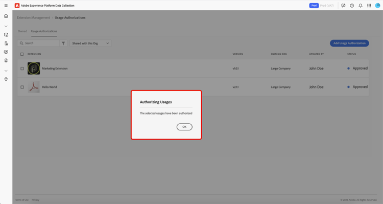 The Authorization Usages dialog, highlighting OK