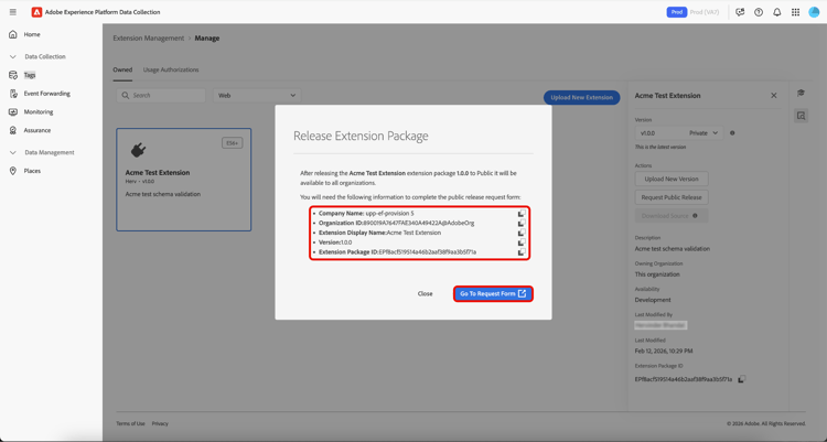 Release extension package page highlighting information required for form completion.