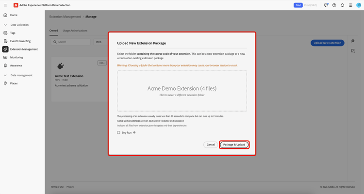 Upload new extension package page showing the number of files to be uploaded, highlighting Validate and Upload.