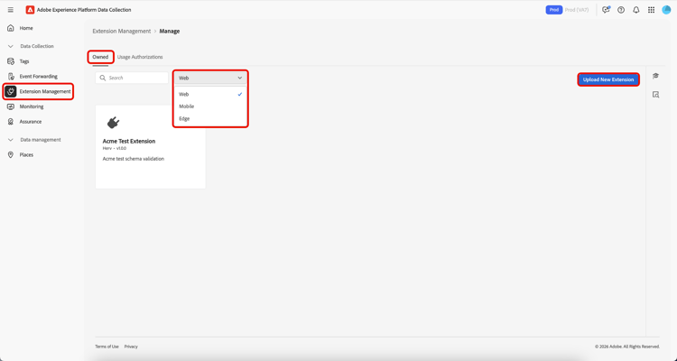 The Owned tab showing a list of extensions shared with this org, highlighting drop down and upload new extension.