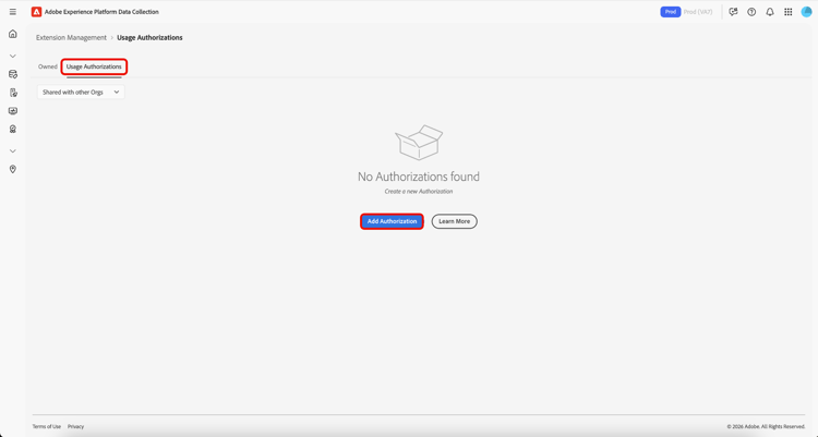 The Usage Authorizations tab showing a list of extensions shared with this org, highlighting Add Authorization