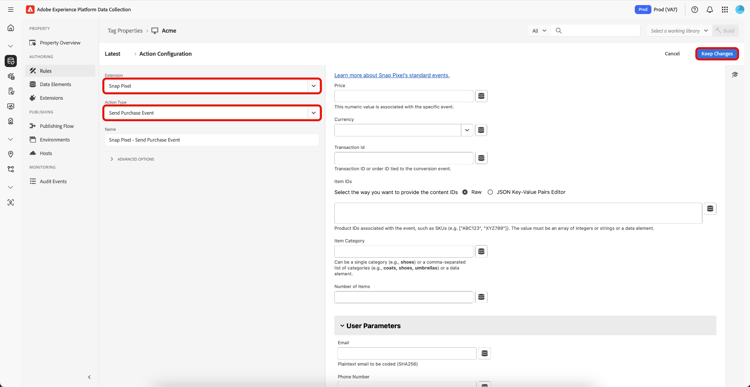 The Send Purchase Event action type selected for a rule in the Data Collection UI.