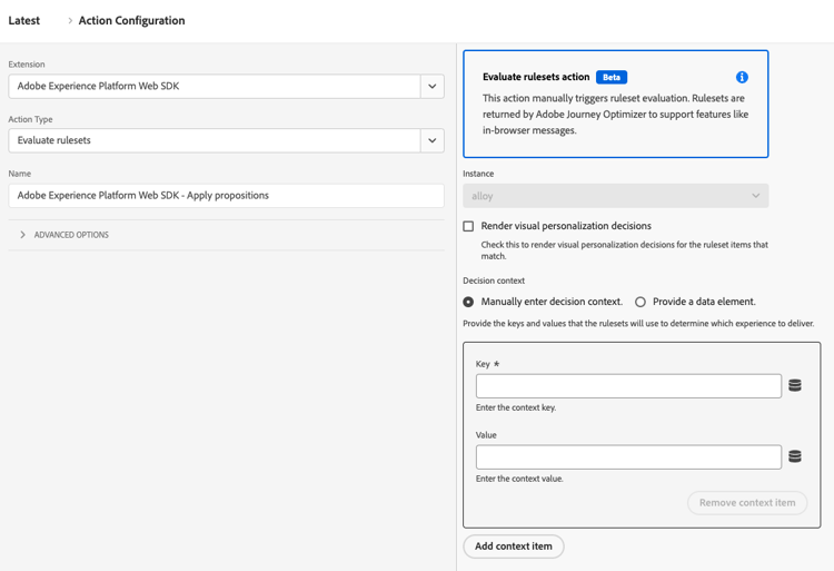 Image of the Experience Platform user interface showing the Evaluate rulesets response action type.