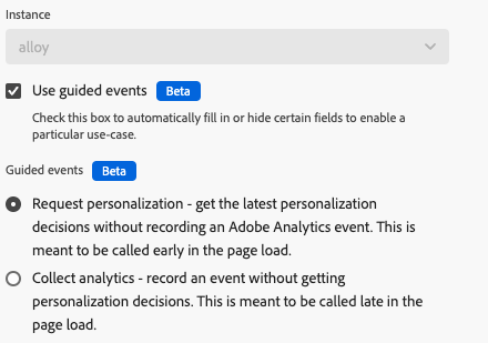 Experience Platform Tags UI image showing the instance settings for the Send Event action type.