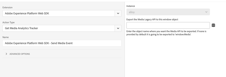 Experience Platform UI image showing the Get Media Analytics Tracker action type.