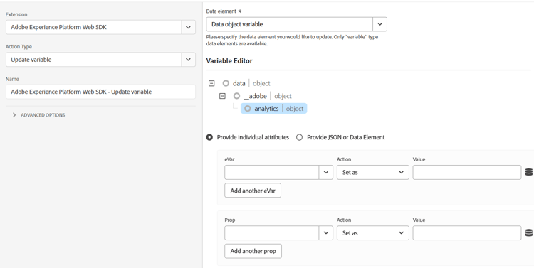 Screenshot of the action configuration interface showing a variable data element based on a data object