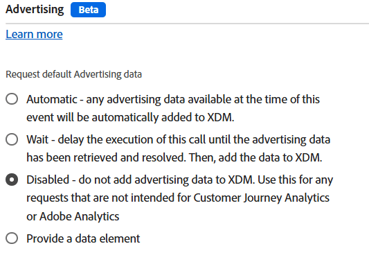 Experience Platform tags UI showing advertising settings for the Send event action