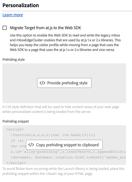 Image showing the personalization settings of the Web SDK tag extension in the Tags UI