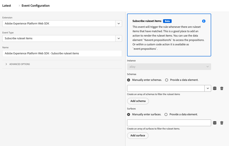 Image of the Experience Platform tags user interface showing the Subscribe ruleset items event type.