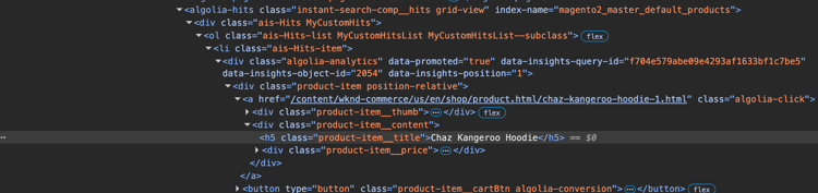 Example of an HTML dataset being mapped to the Algolia event field group