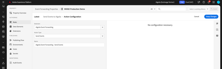 Configuration of the Send Event action in the Algolia vent forwarding extension.