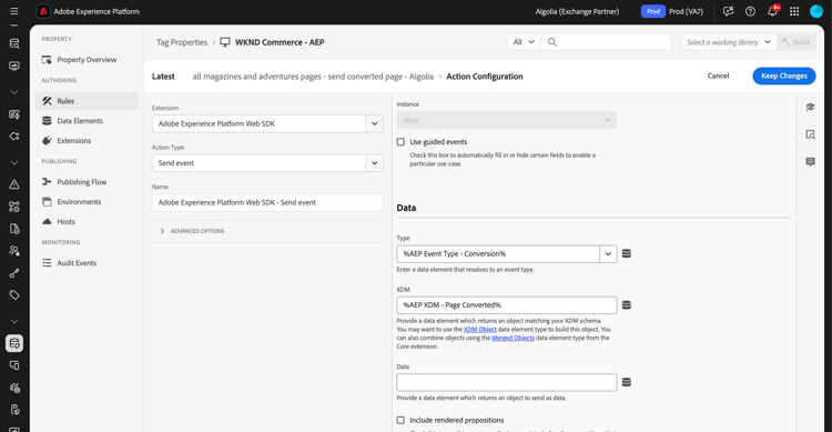 Example of configuring a rule action in the Algolia event forwarding extension