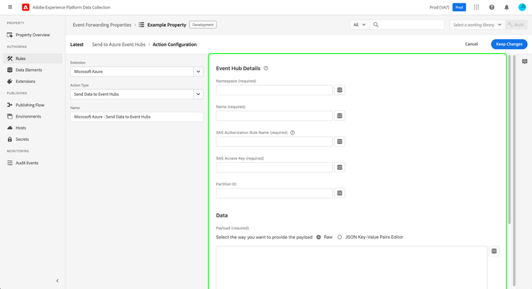 The configuration options for the Send Data to Event Hubs action type shown in the UI.