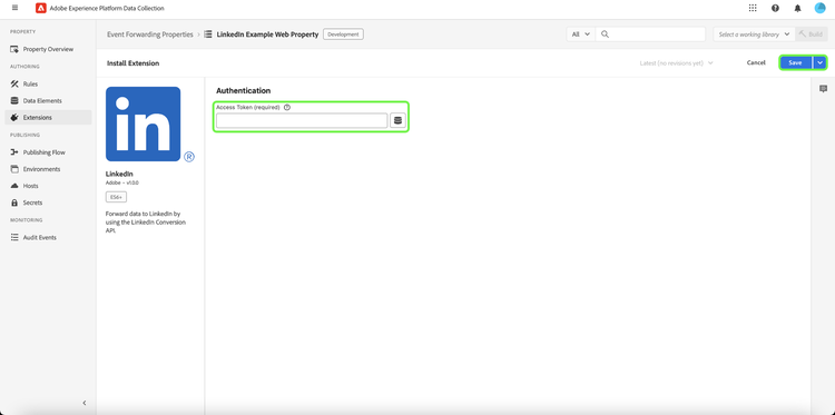 The LinkedIn extension configuration page with the Access Token field and Save highlighted.