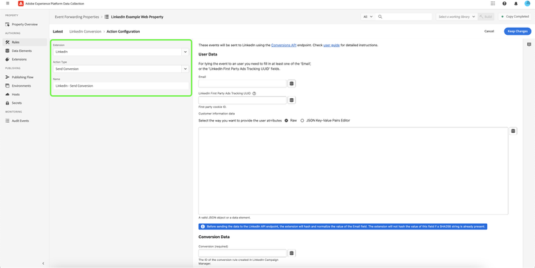 The Event Forwarding Property Rules view, with the fields required to add an event forwarding rule action configuration highlighted.