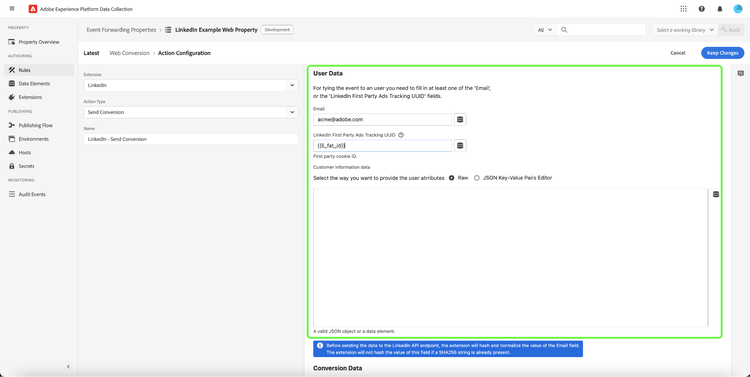 The User Data section showing example data input into the fields.