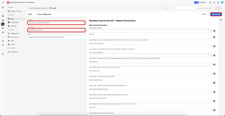 The Report Web Conversions action type being selected for a Nextdoor rule in the Data Collection UI.