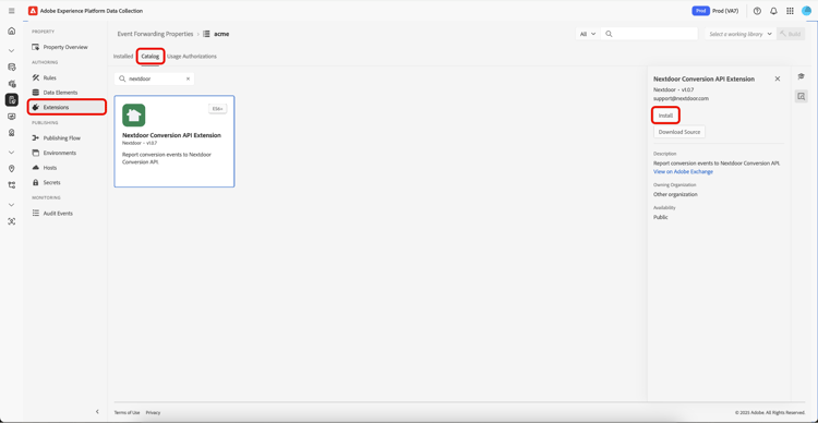 The extension catalog showing the Nextdoor extension card highlighting install.