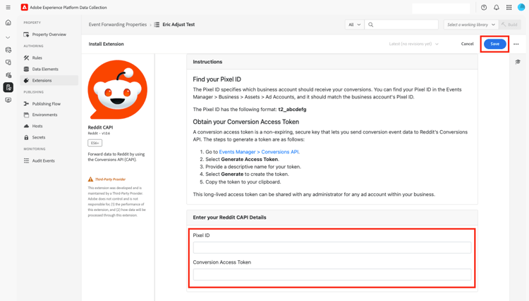 Configuration details for the Reddit Conversions API extension, including fields for Pixel ID and Conversion Access Token.