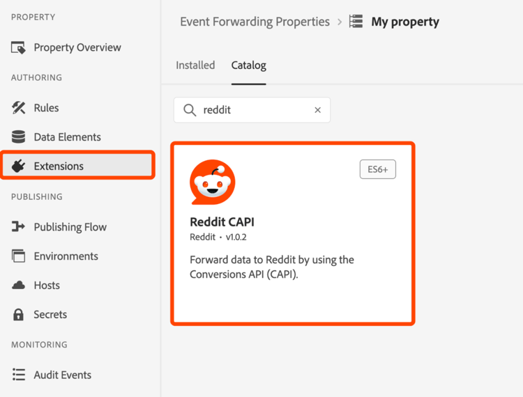 The Adobe Experience Platform Extensions catalog with the Reddit extension highlighted.