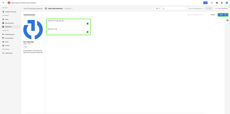 The The Trade Desk extension configuration page with the Advertiser ID and Merchant ID fields highlighted.