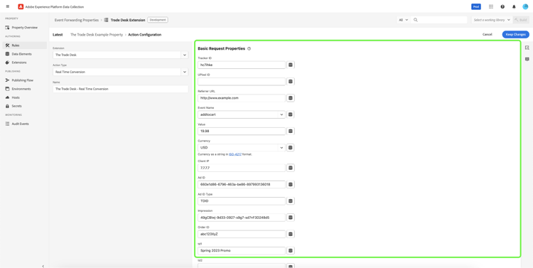 The Basic Request Properties section showing example data input into the fields.