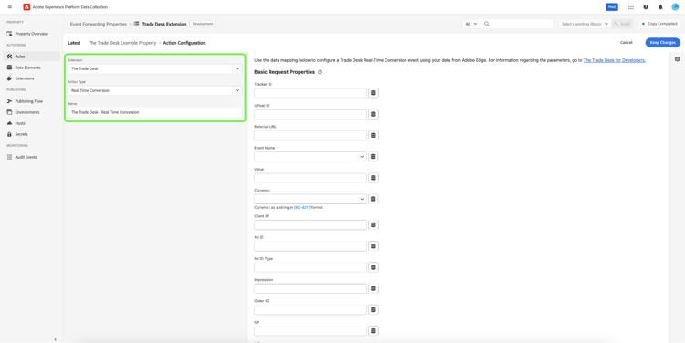 The Event Forwarding Property Rules view, with the fields required to add an event forwarding rule action configuration highlighted.