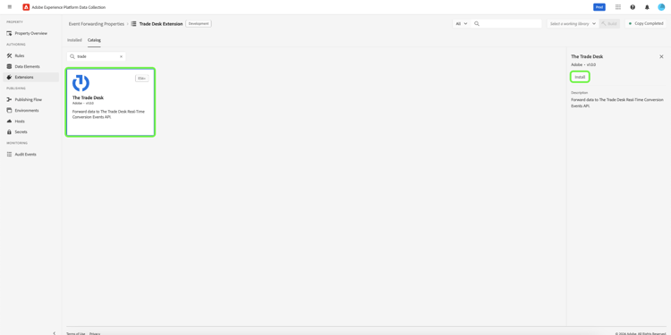 The extension catalog showing the The Trade Desk extension card highlighting install.