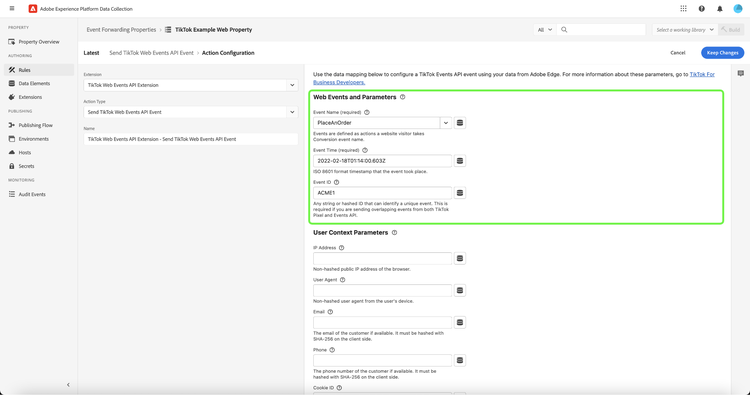 The Web Events and Parameters section showing example data input into the fields.