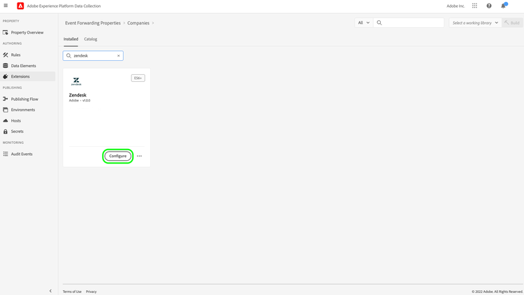 Configure button for the Zendesk extension being selected in the UI
