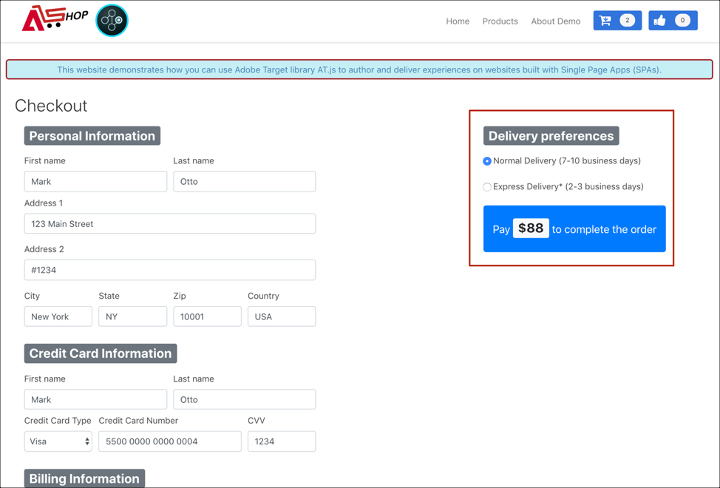Sample image of a singl-page application checkout page in a browser window.