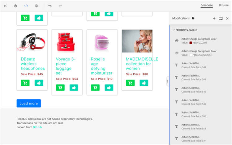 Visual Experience Composer sample page with product labels.