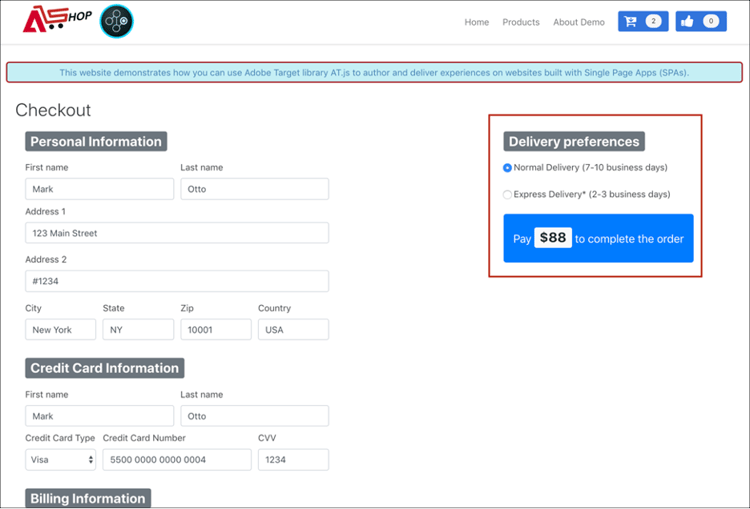 Sample image of a single-page application in a browser window, with A/B testing.