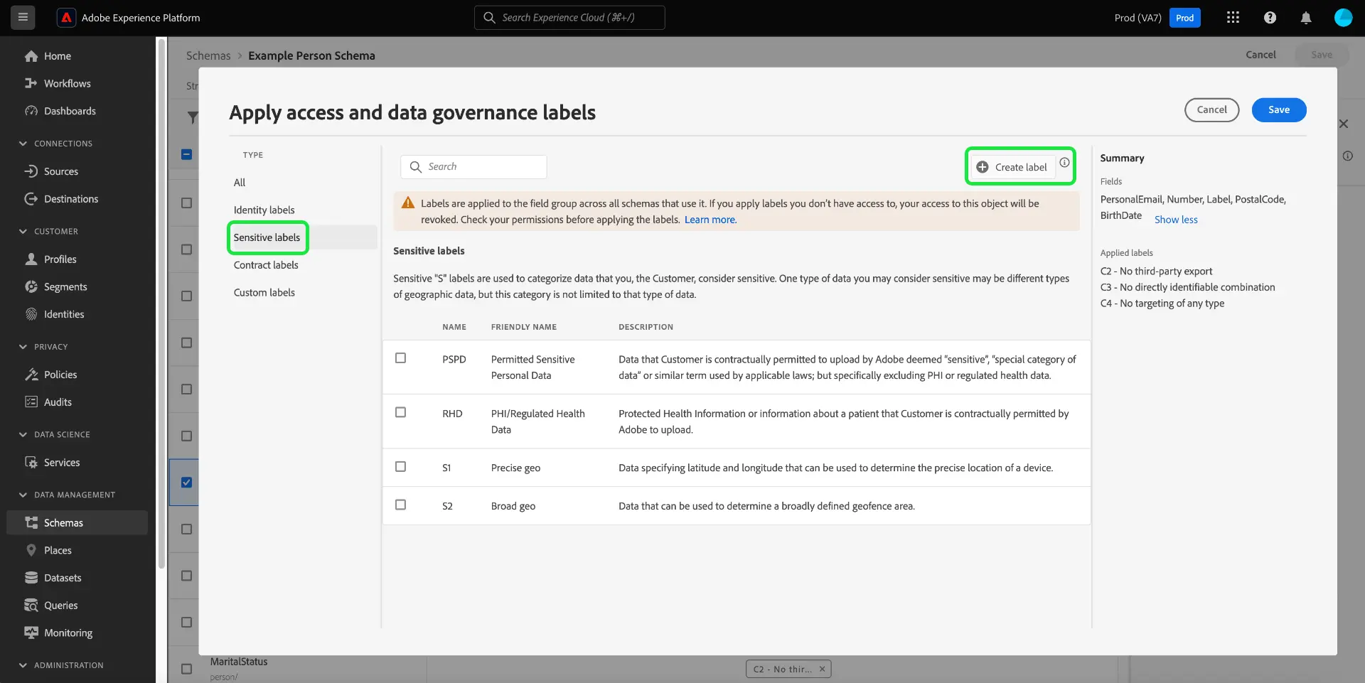 The Apply Access and Data Governance Labels dialog with a label type filter applied and Create label highlighted.