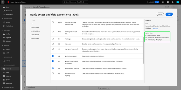The Apply Access and Data Governance Labels dialog with the applied labels highlighted.