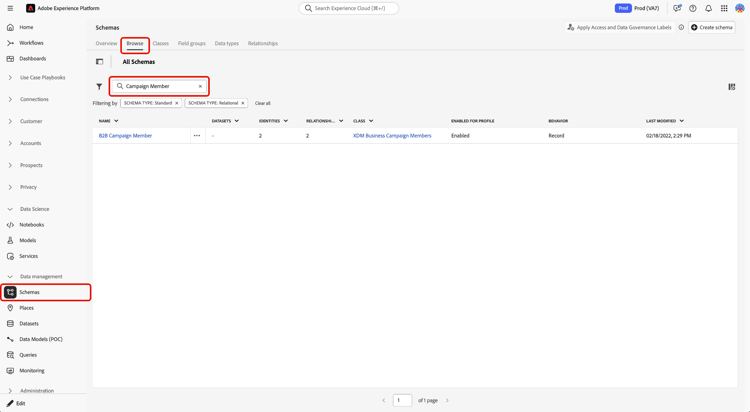 Schemas browse view with the text input field highlighted to search for and select your schema.