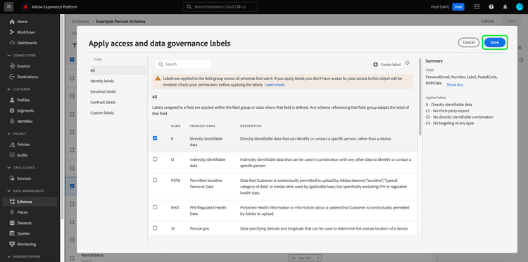 The Apply Access and Data Governance Labels dialog with Save highlighted.