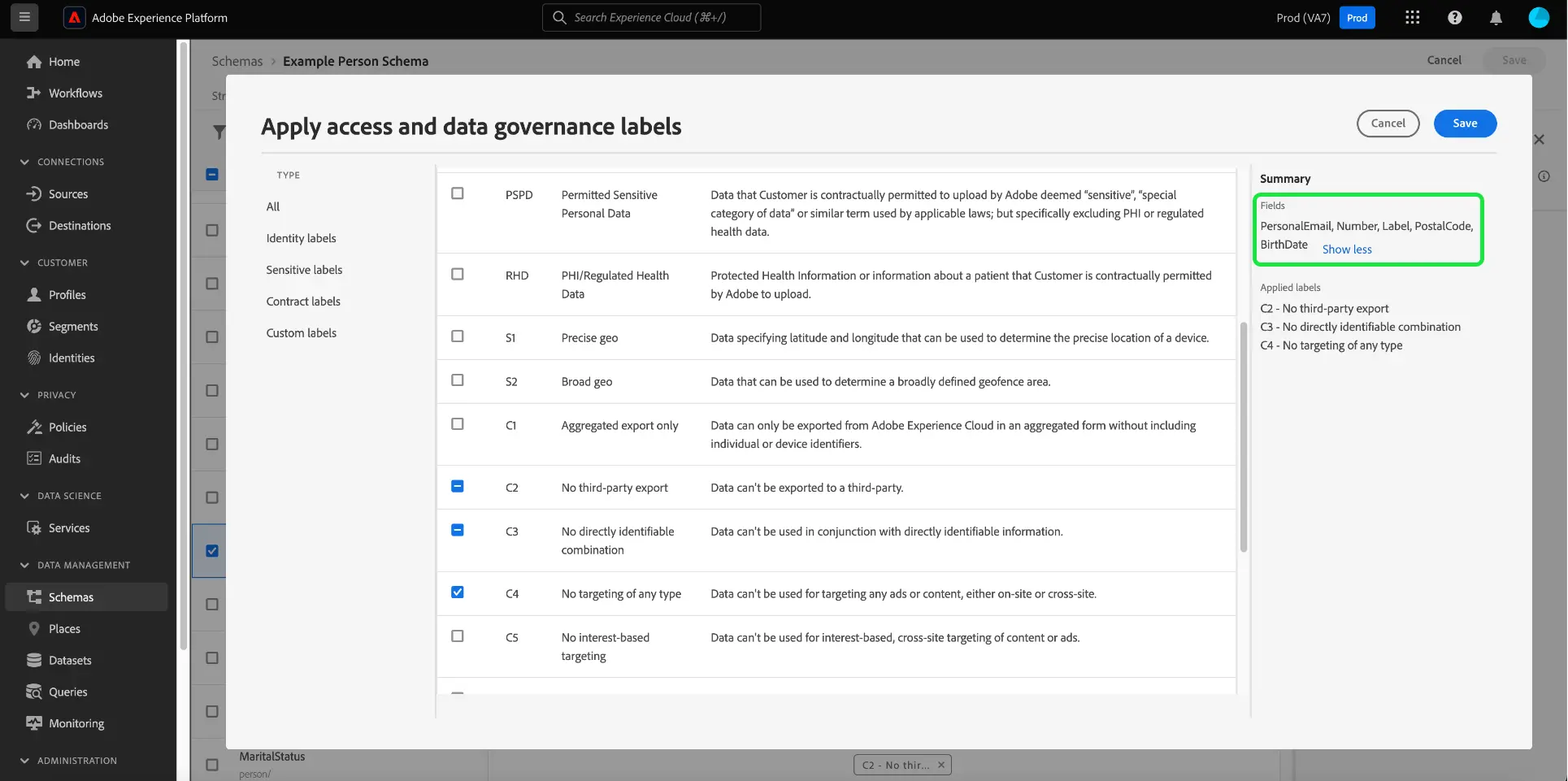 The Apply Access and Data Governance Labels dialog with the selected fields highlighted.