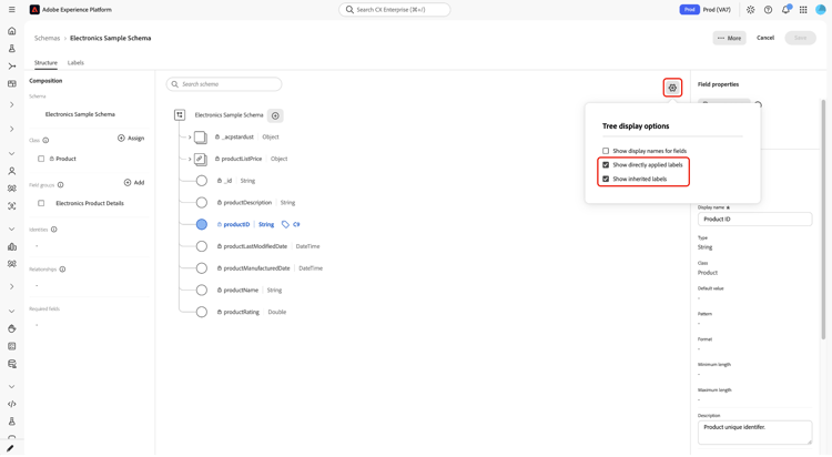 The Structure tab with the settings icon and dialog highlighted.